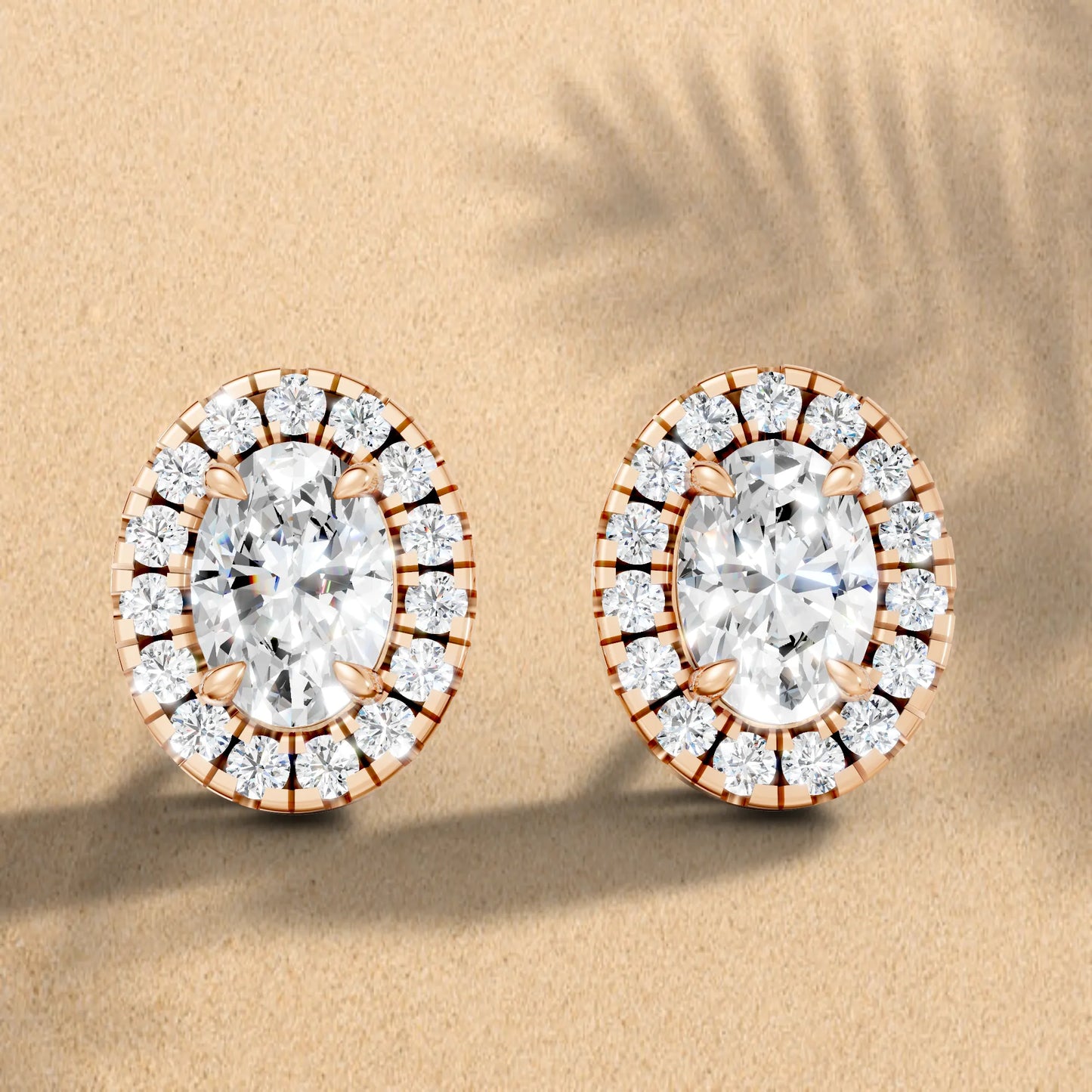 14K Gold Oval Cut Diamond Halo Stud Earring