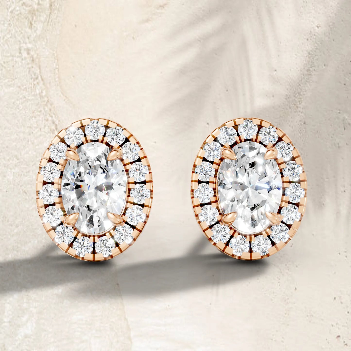 14K Gold Oval Cut Diamond Halo Stud Earring