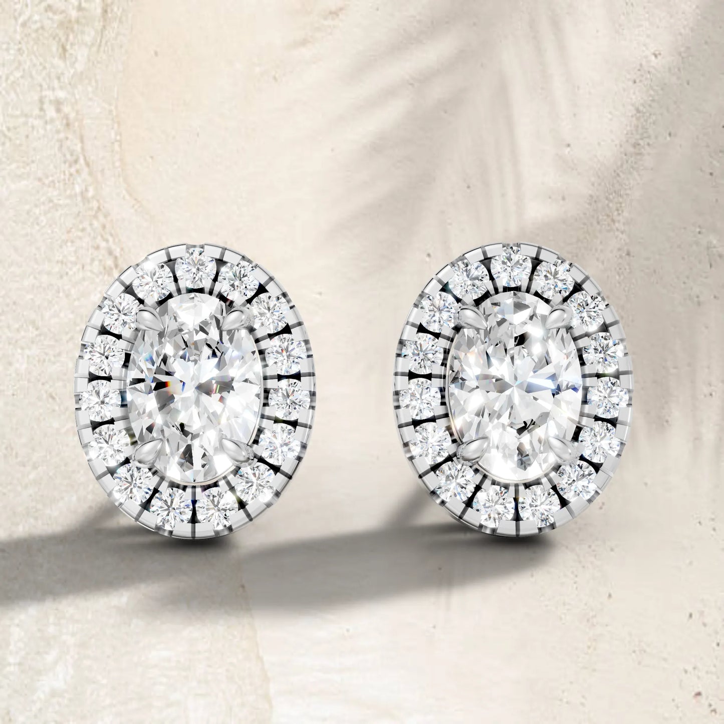 14K Gold Oval Cut Diamond Halo Stud Earring