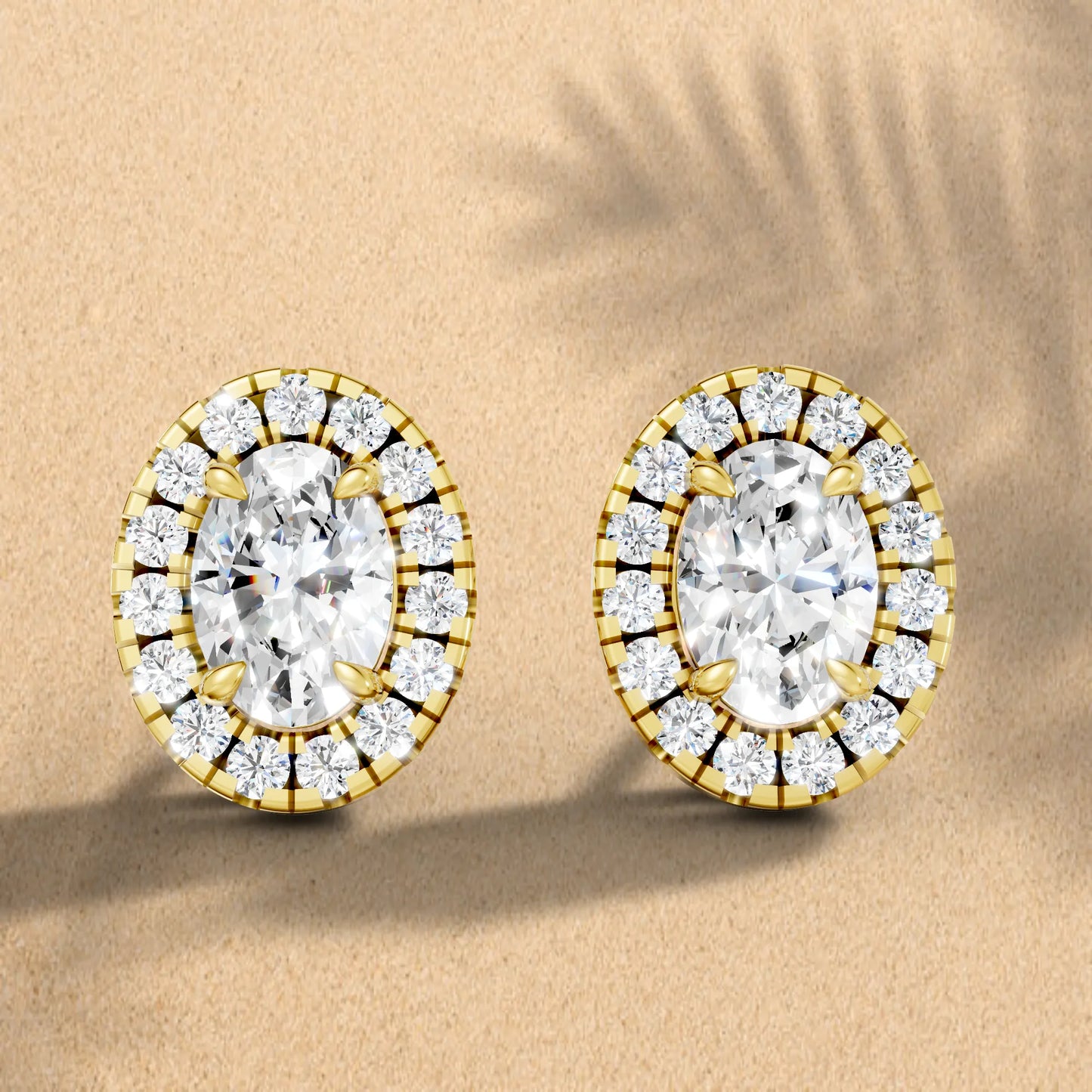 14K Gold Oval Cut Diamond Halo Stud Earring