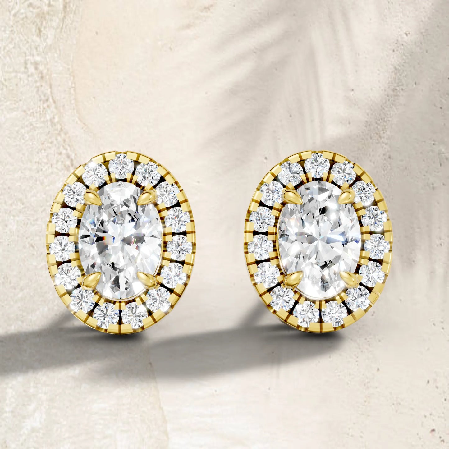 14K Gold Oval Cut Diamond Halo Stud Earring