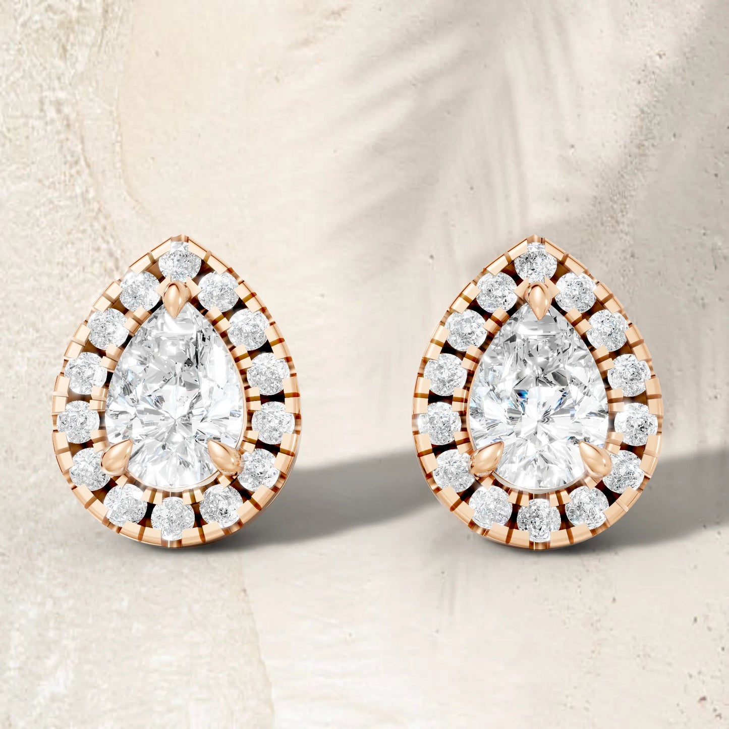 14K Gold Pear Cut Diamond Halo Stud Earring