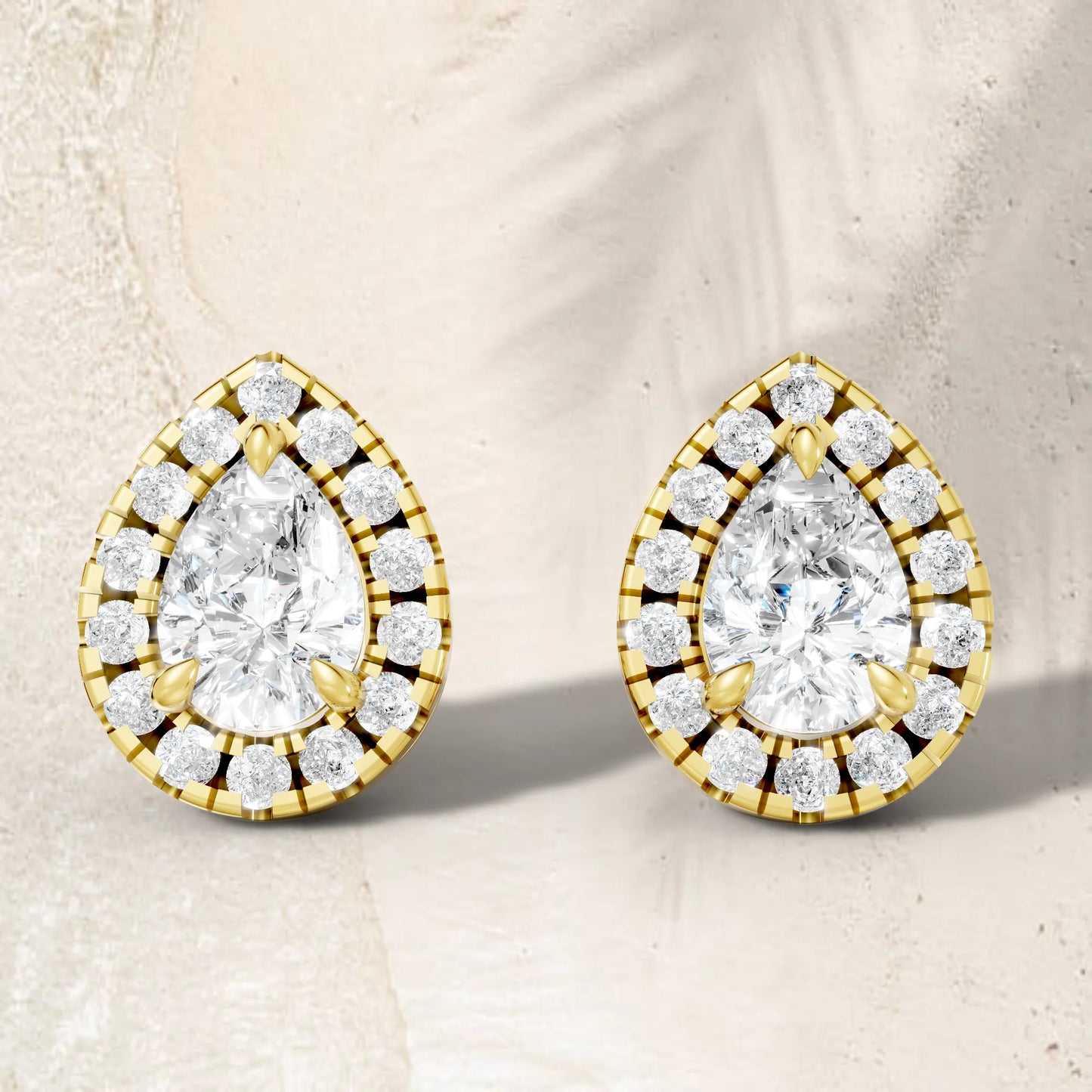 14K Gold Pear Cut Diamond Halo Stud Earring