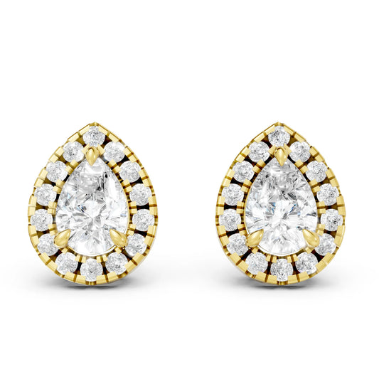 14K Gold Pear Cut Diamond Halo Stud Earring