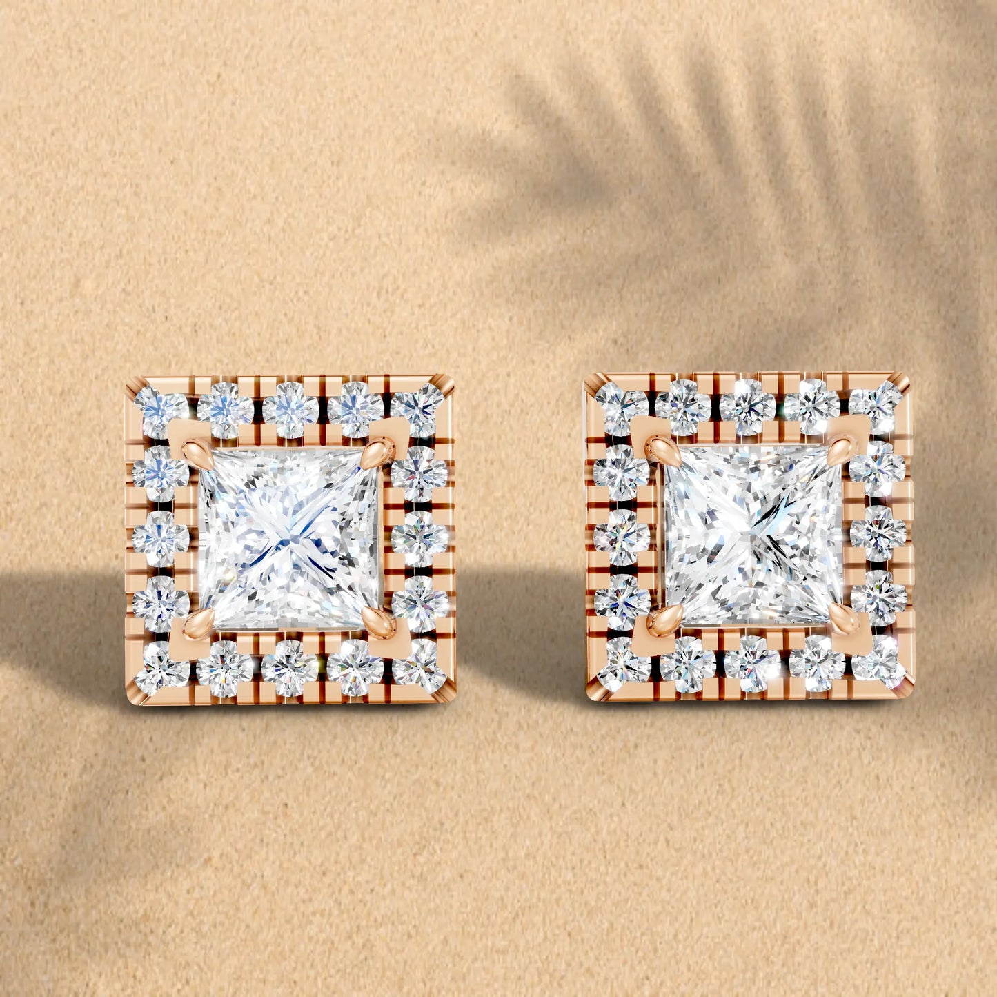14K Gold Princess Cut Diamond Halo Stud Earring