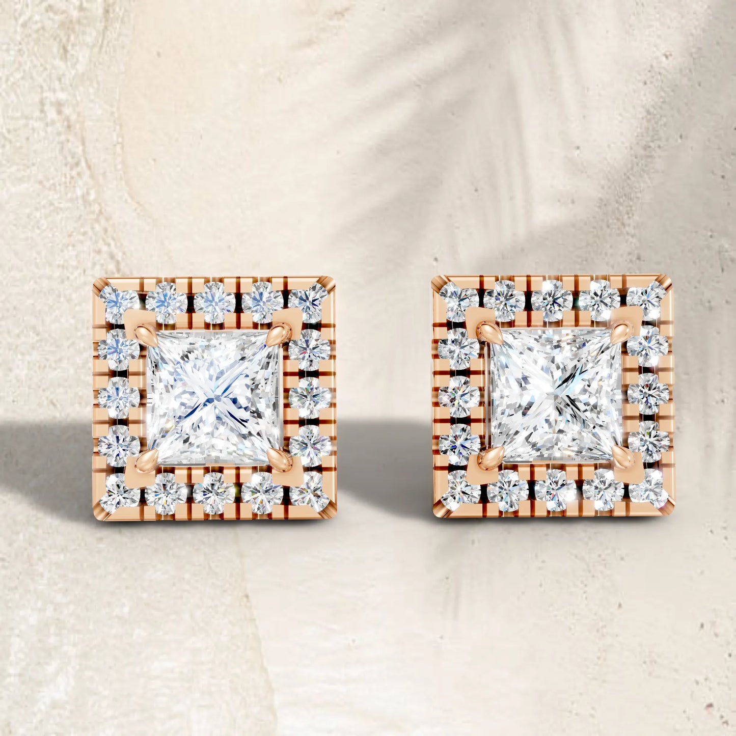 14K Gold Princess Cut Diamond Halo Stud Earring