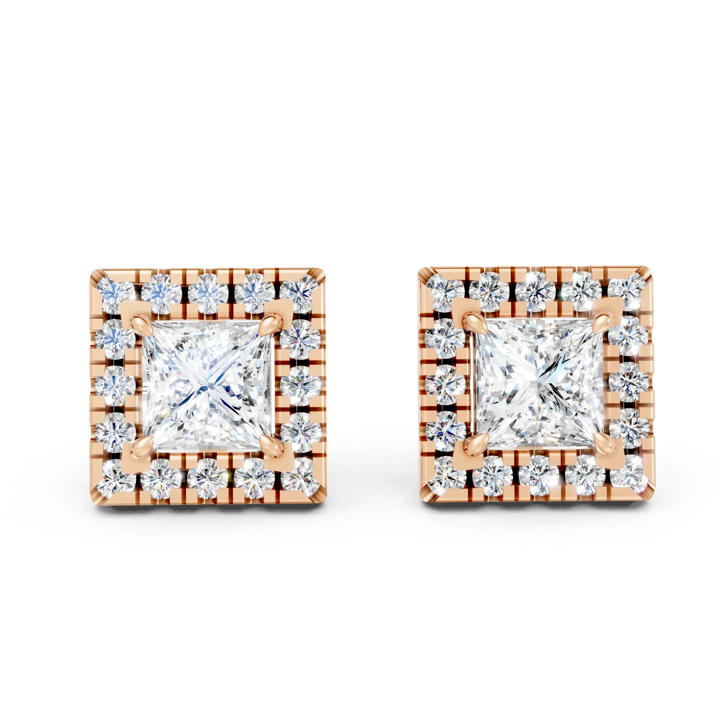 14K Gold Princess Cut Diamond Halo Stud Earring