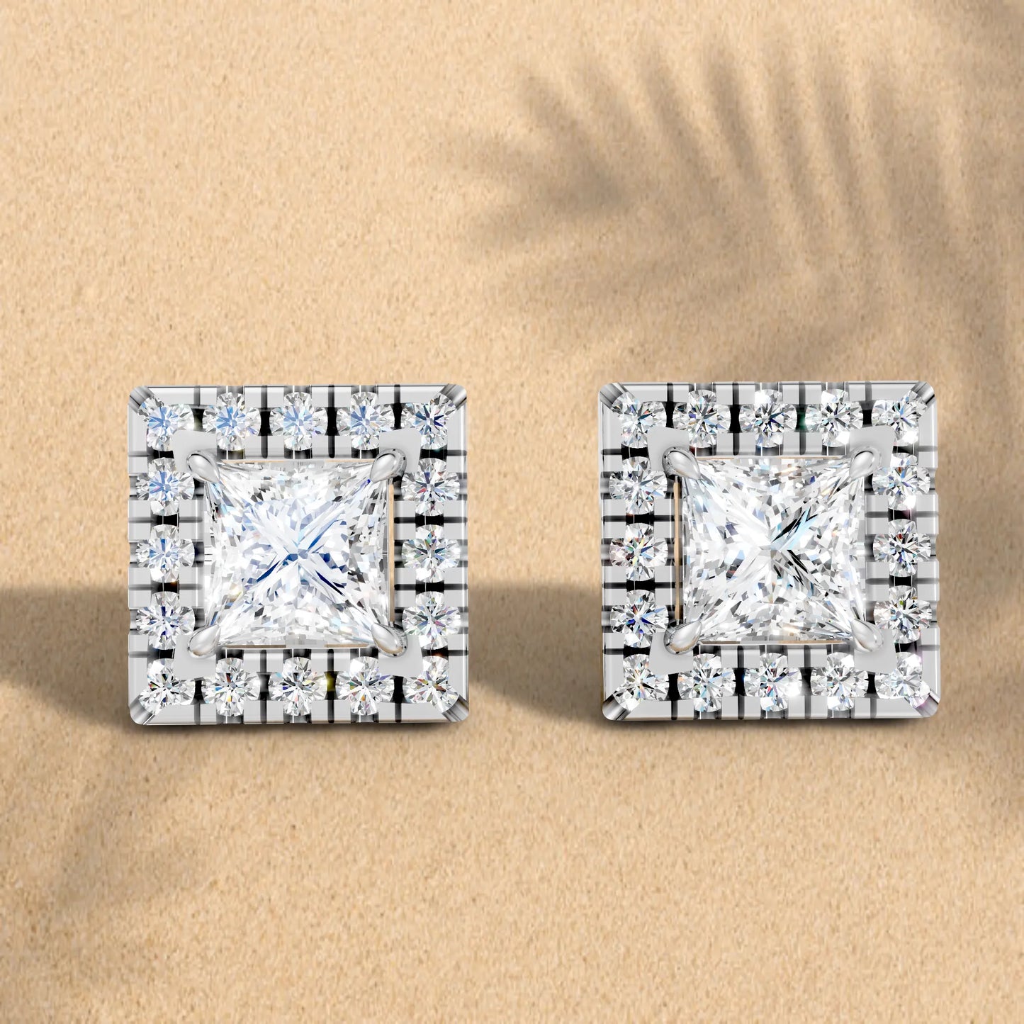14K Gold Princess Cut Diamond Halo Stud Earring
