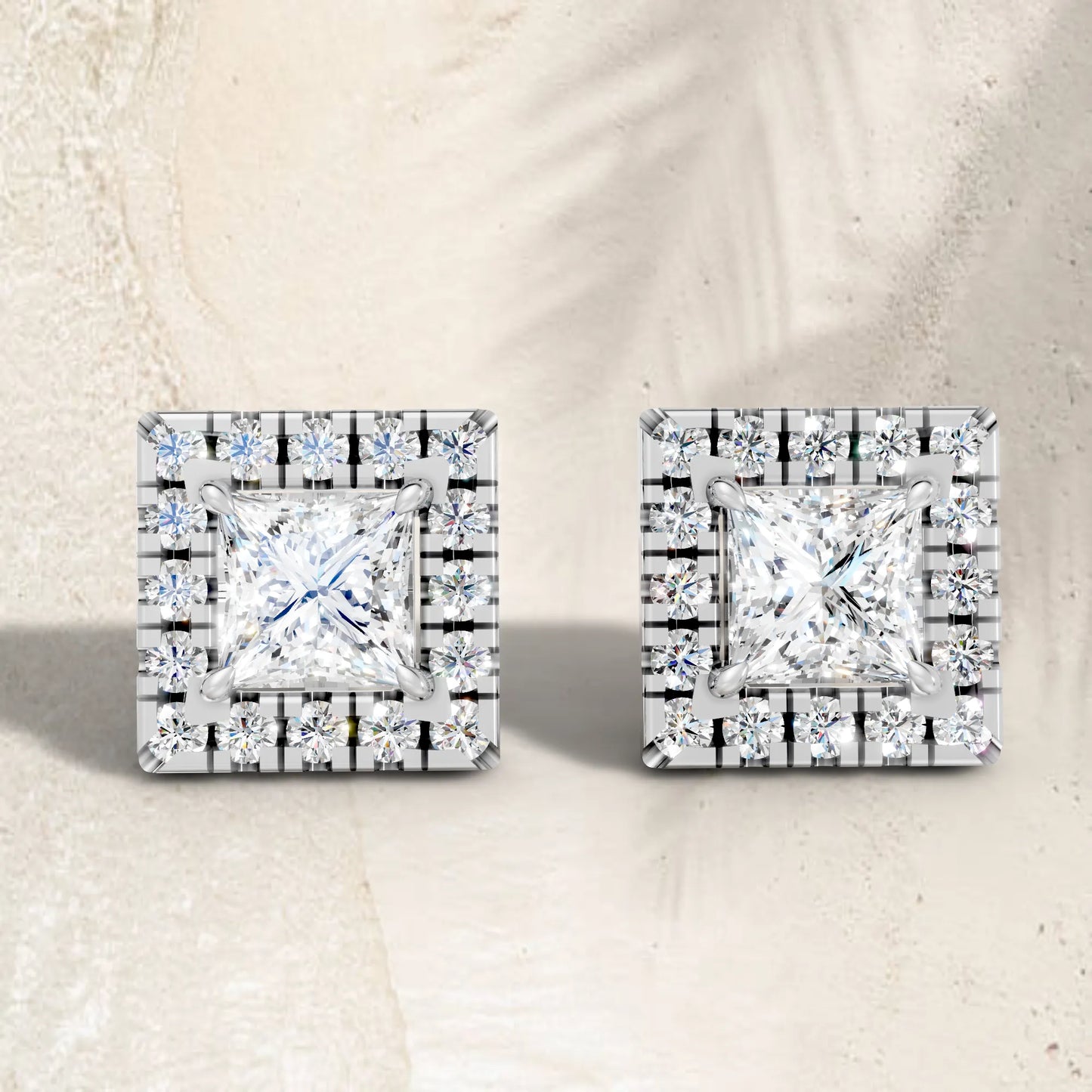 14K Gold Princess Cut Diamond Halo Stud Earring