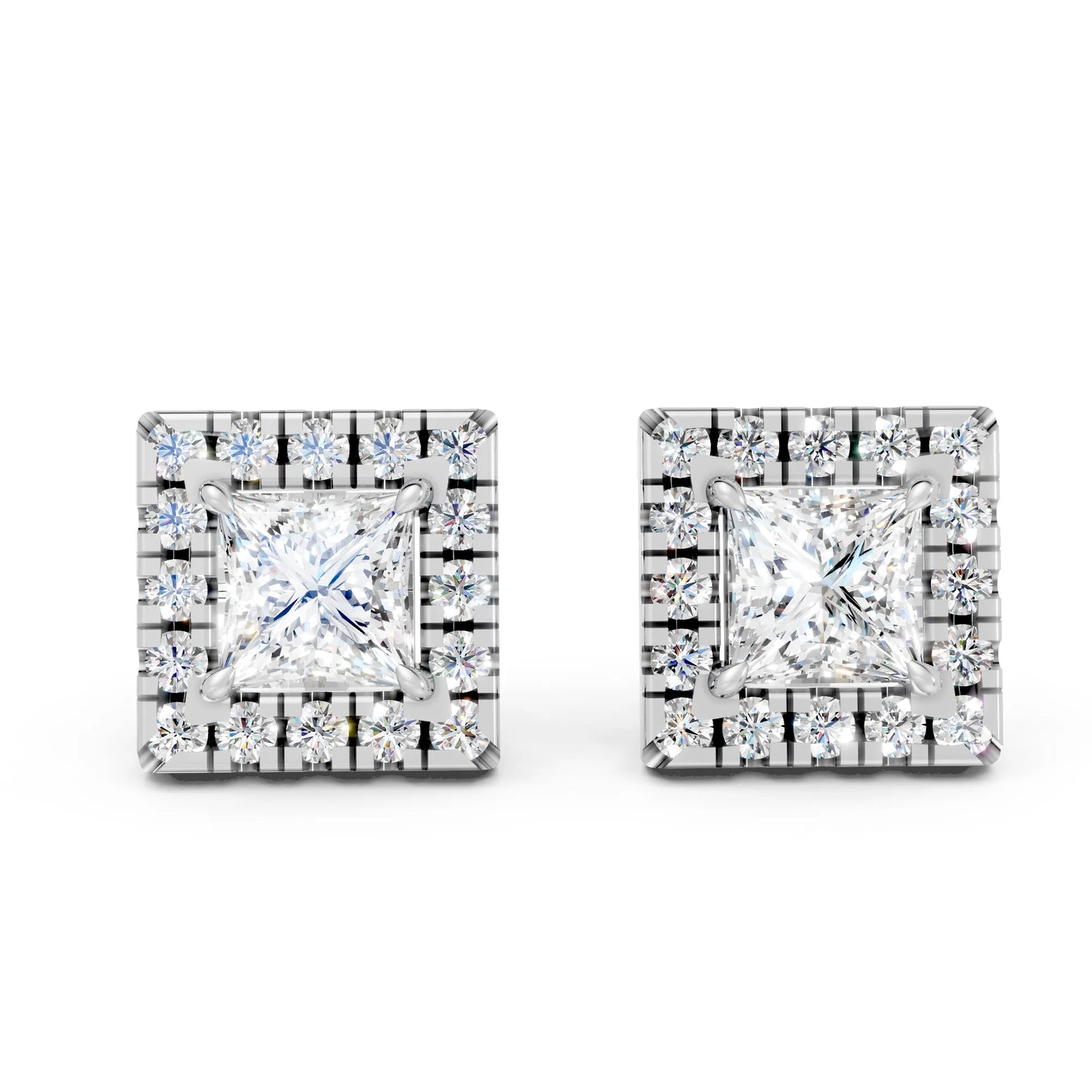 14K Gold Princess Cut Diamond Halo Stud Earring