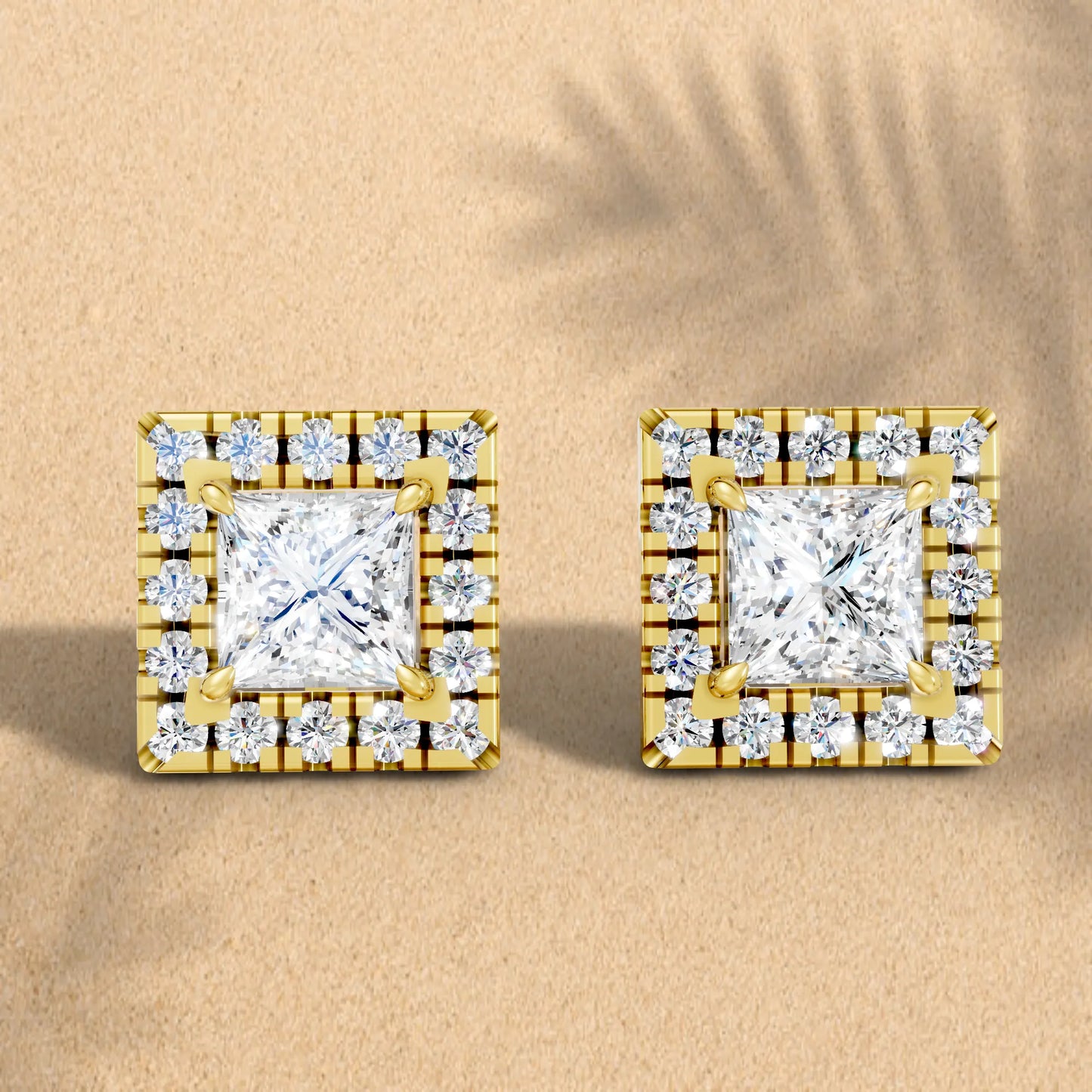 14K Gold Princess Cut Diamond Halo Stud Earring