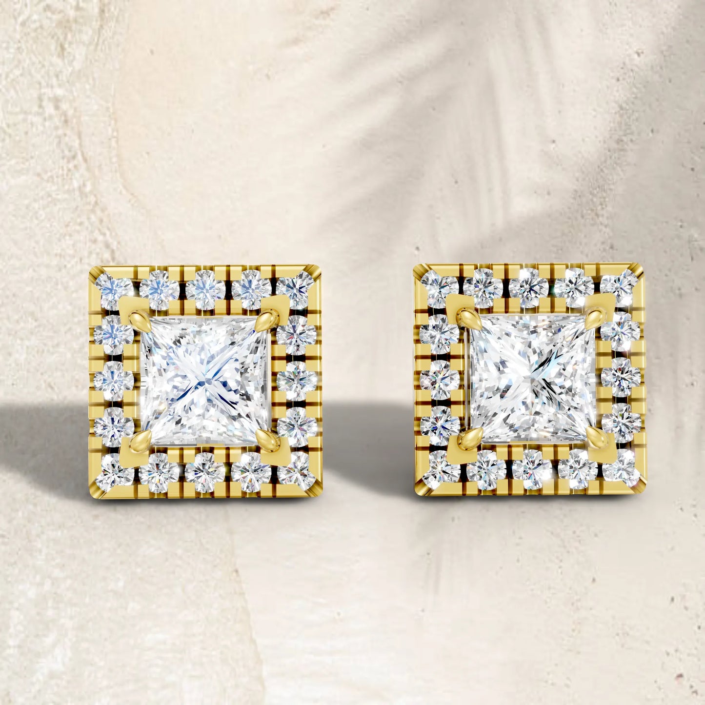 14K Gold Princess Cut Diamond Halo Stud Earring