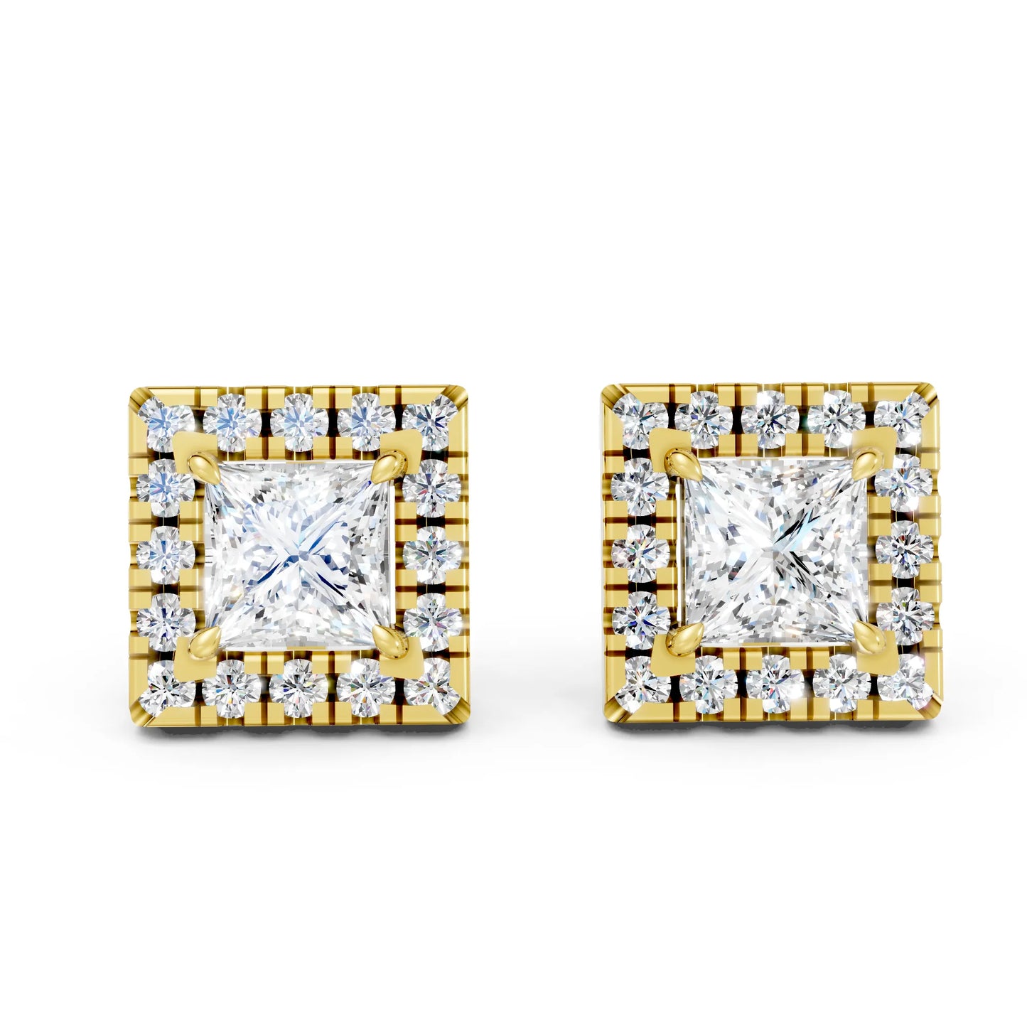 14K Gold Princess Cut Diamond Halo Stud Earring