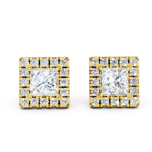 14K Gold Princess Cut Diamond Halo Stud Earring