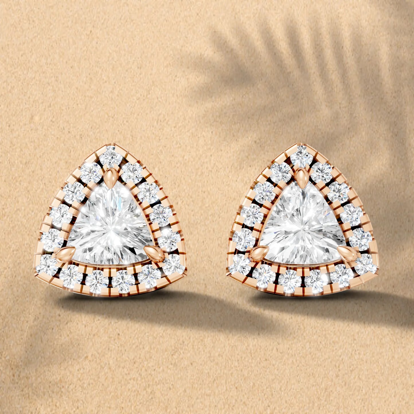 14K Gold Trillion Cut Diamond Halo Stud Earring