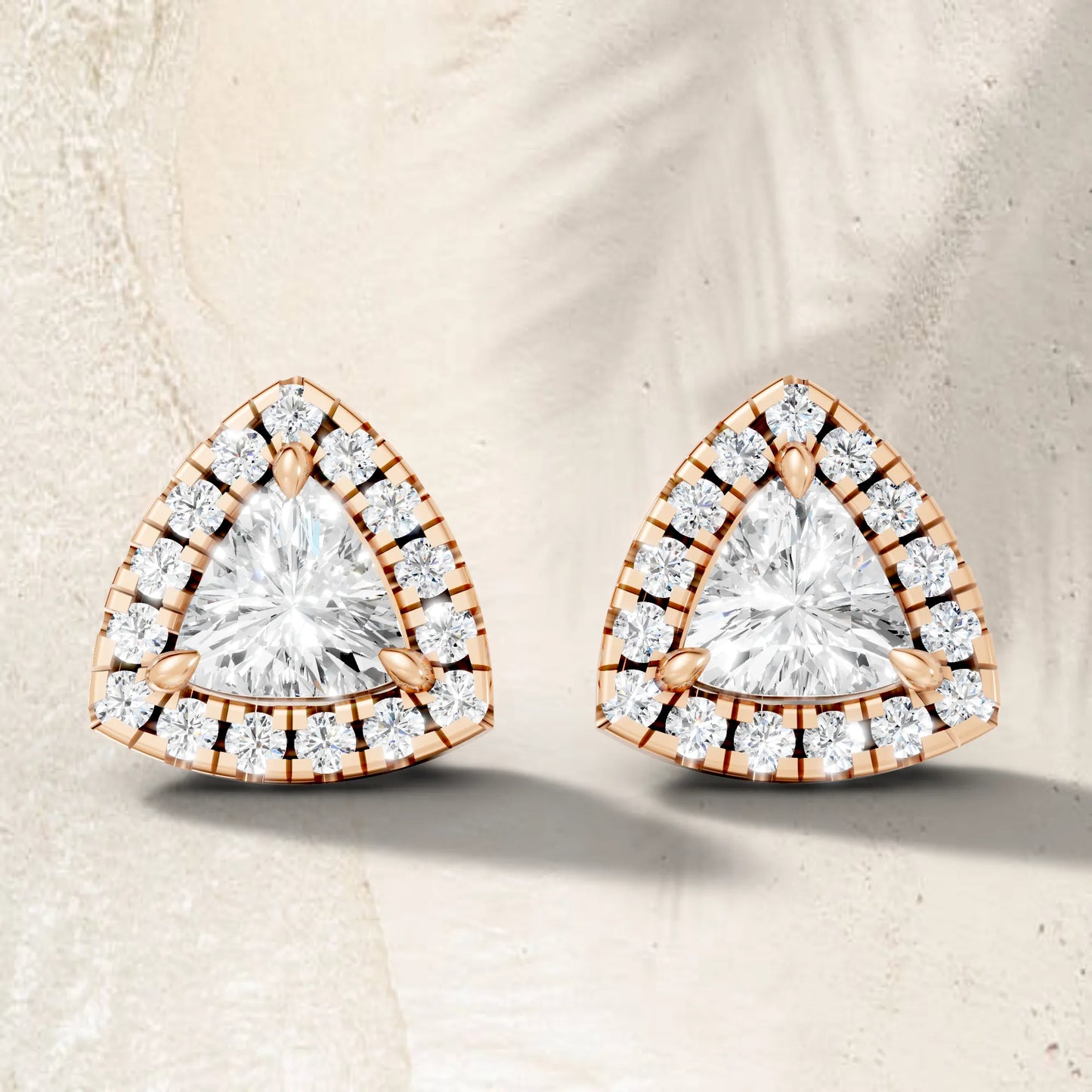 14K Gold Trillion Cut Diamond Halo Stud Earring