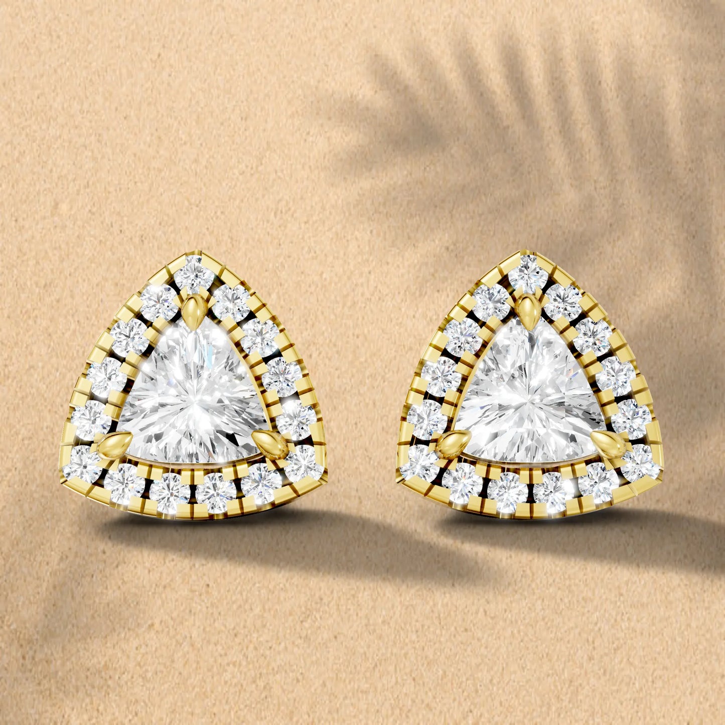 14K Gold Trillion Cut Diamond Halo Stud Earring