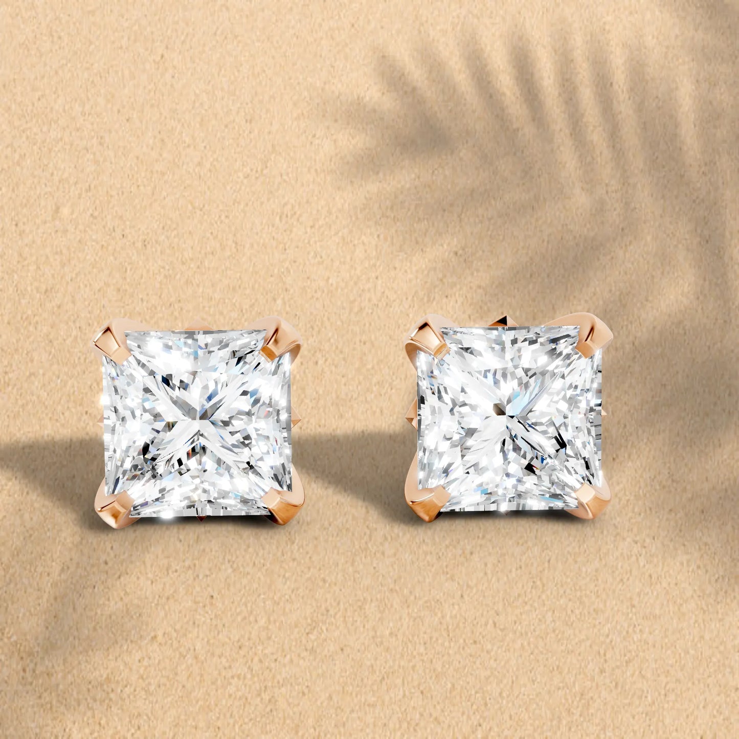 14K Gold Princess Cut Diamond Basket Martini Stud Earring