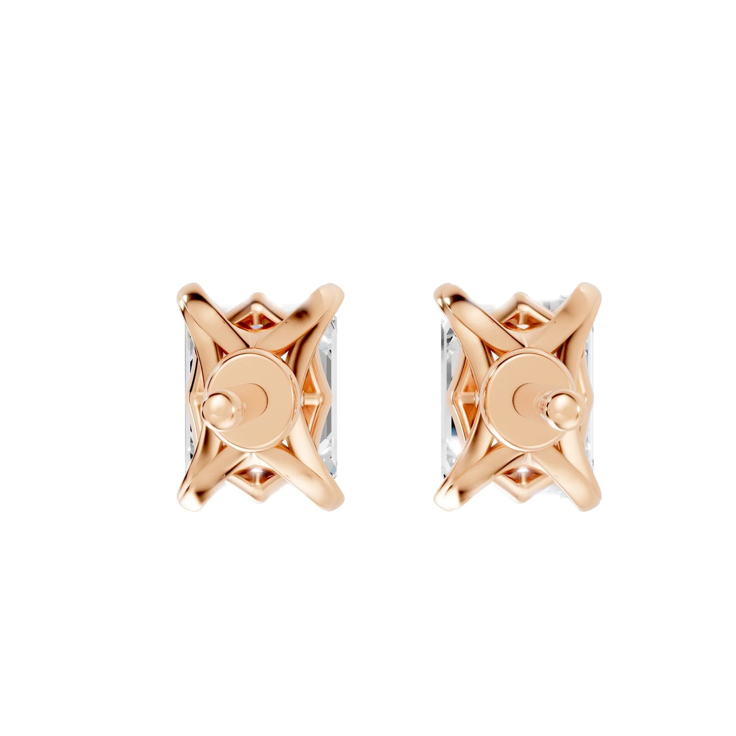 14K Gold Emerald Cut Diamond Basket Martini Stud Earring