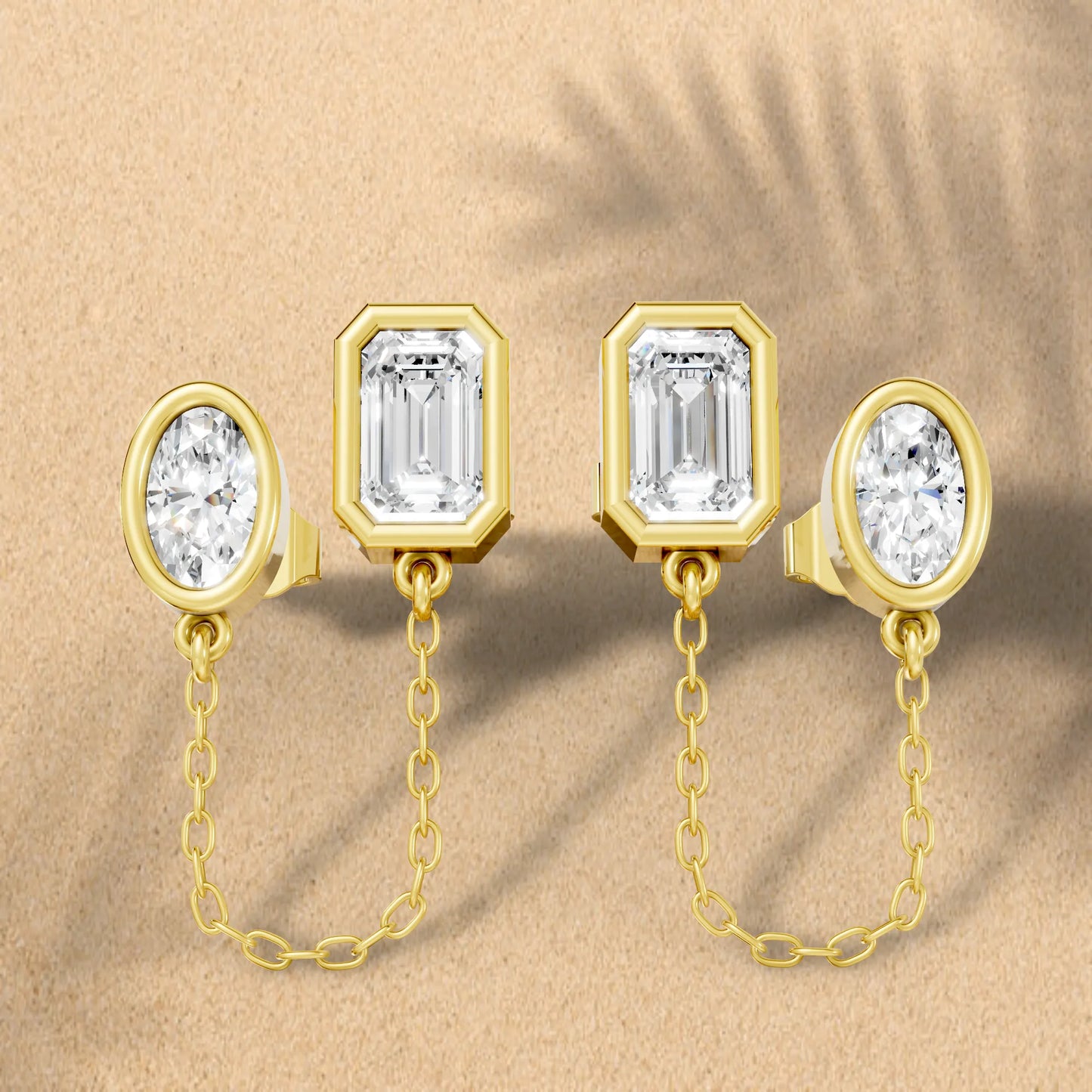 14K Gold Emerald & Oval Cut Diamond Chain Stud Earring