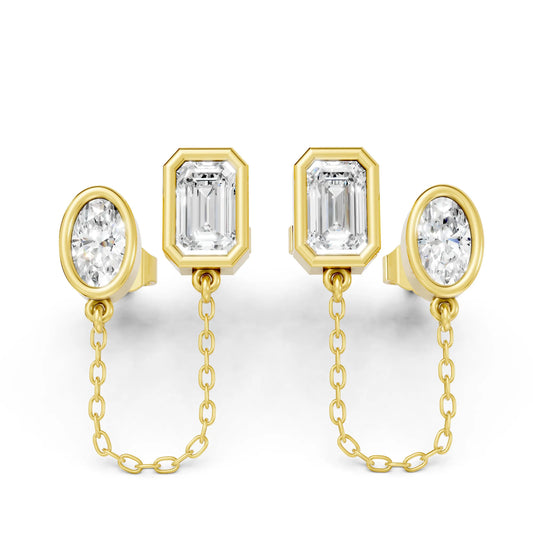 14K Gold Emerald & Oval Cut Diamond Chain Stud Earring