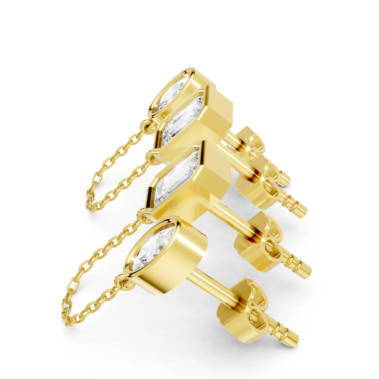 14K Gold Emerald & Oval Cut Diamond Chain Stud Earring
