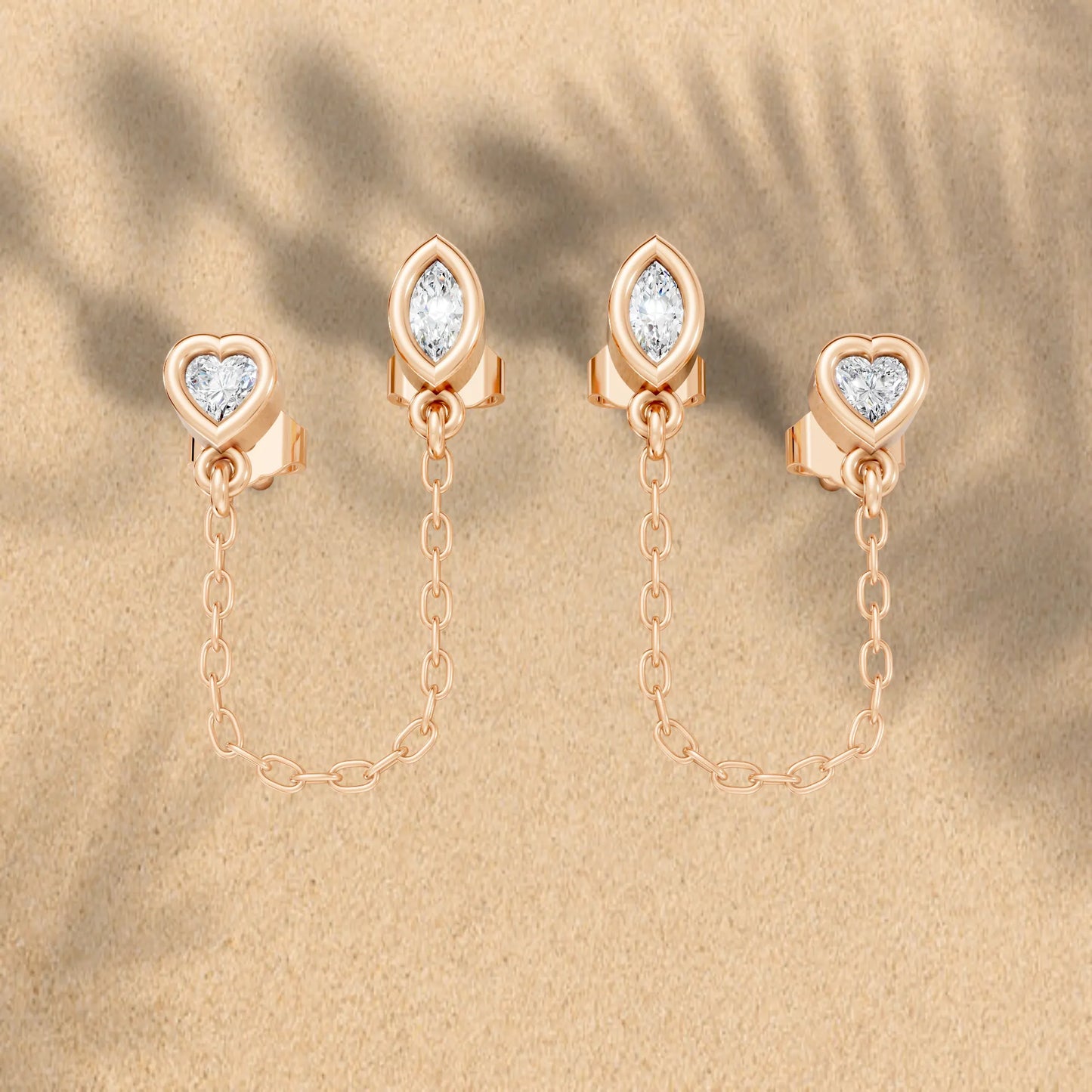 14K Gold Heart & Marquise Cut Diamond Chain Stud Earring