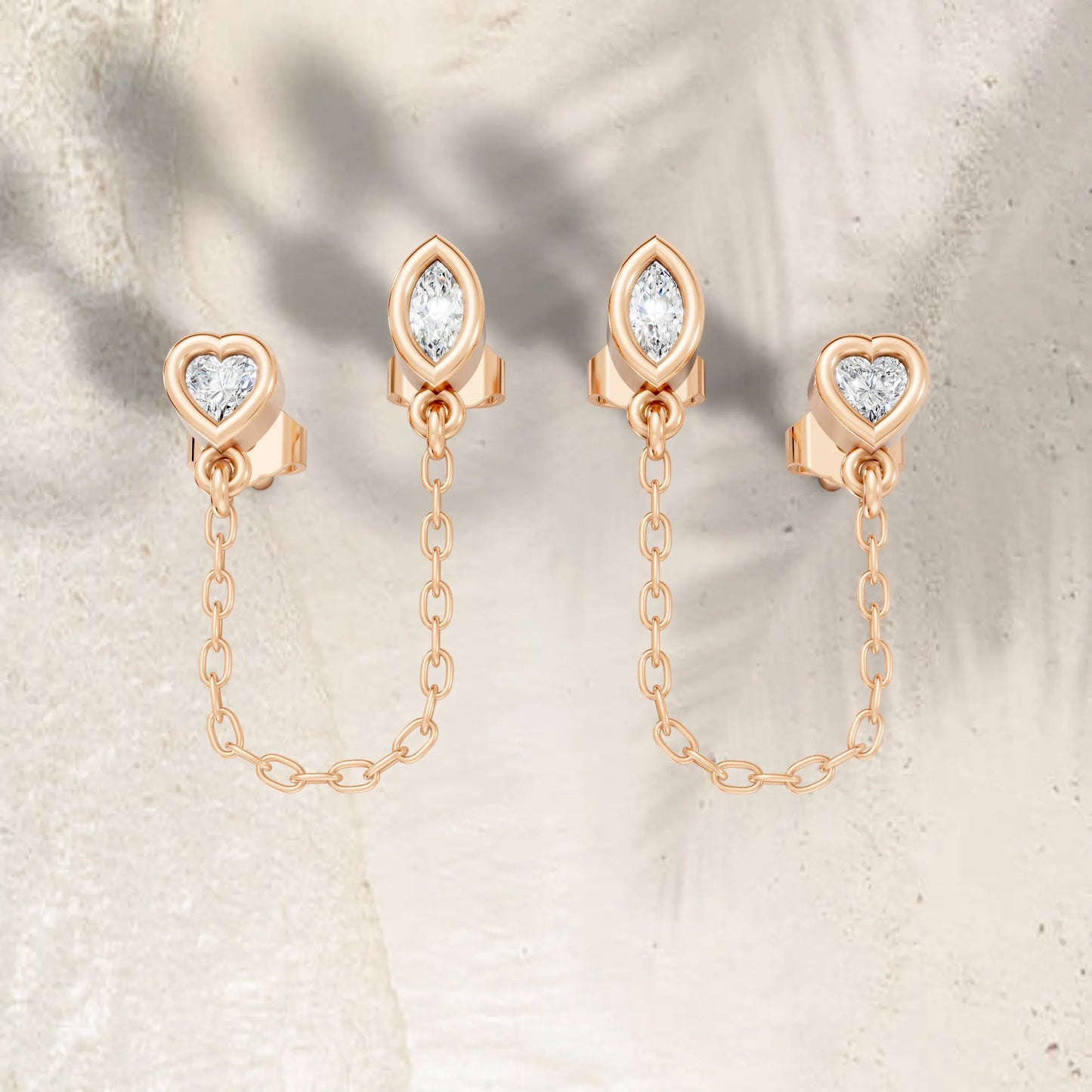 14K Gold Heart & Marquise Cut Diamond Chain Stud Earring
