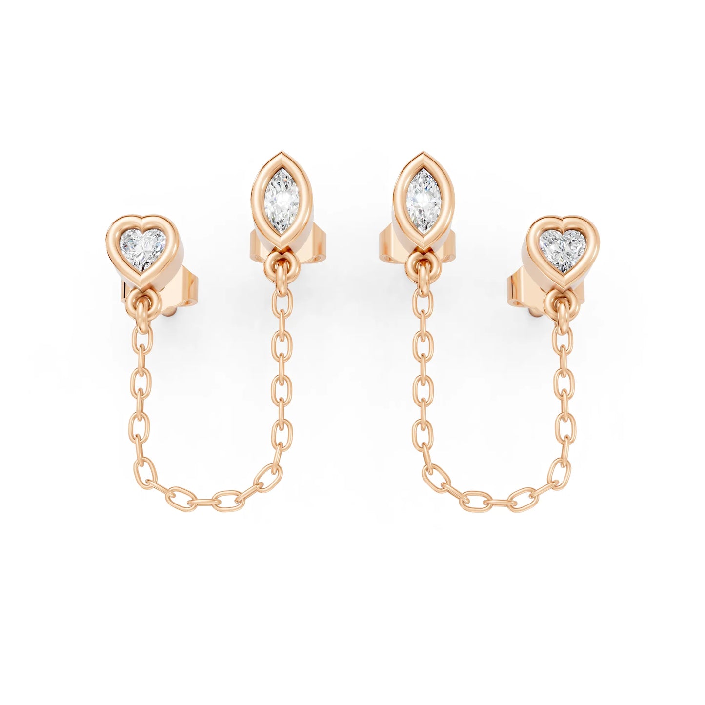 14K Gold Heart & Marquise Cut Diamond Chain Stud Earring