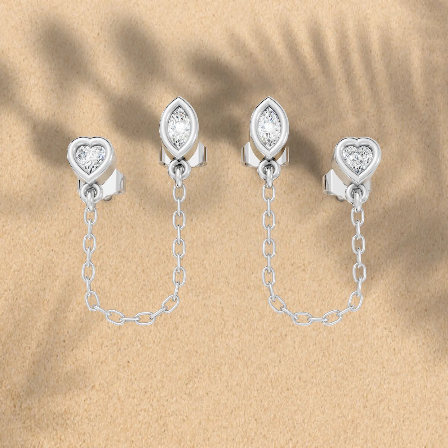 14K Gold Heart & Marquise Cut Diamond Chain Stud Earring