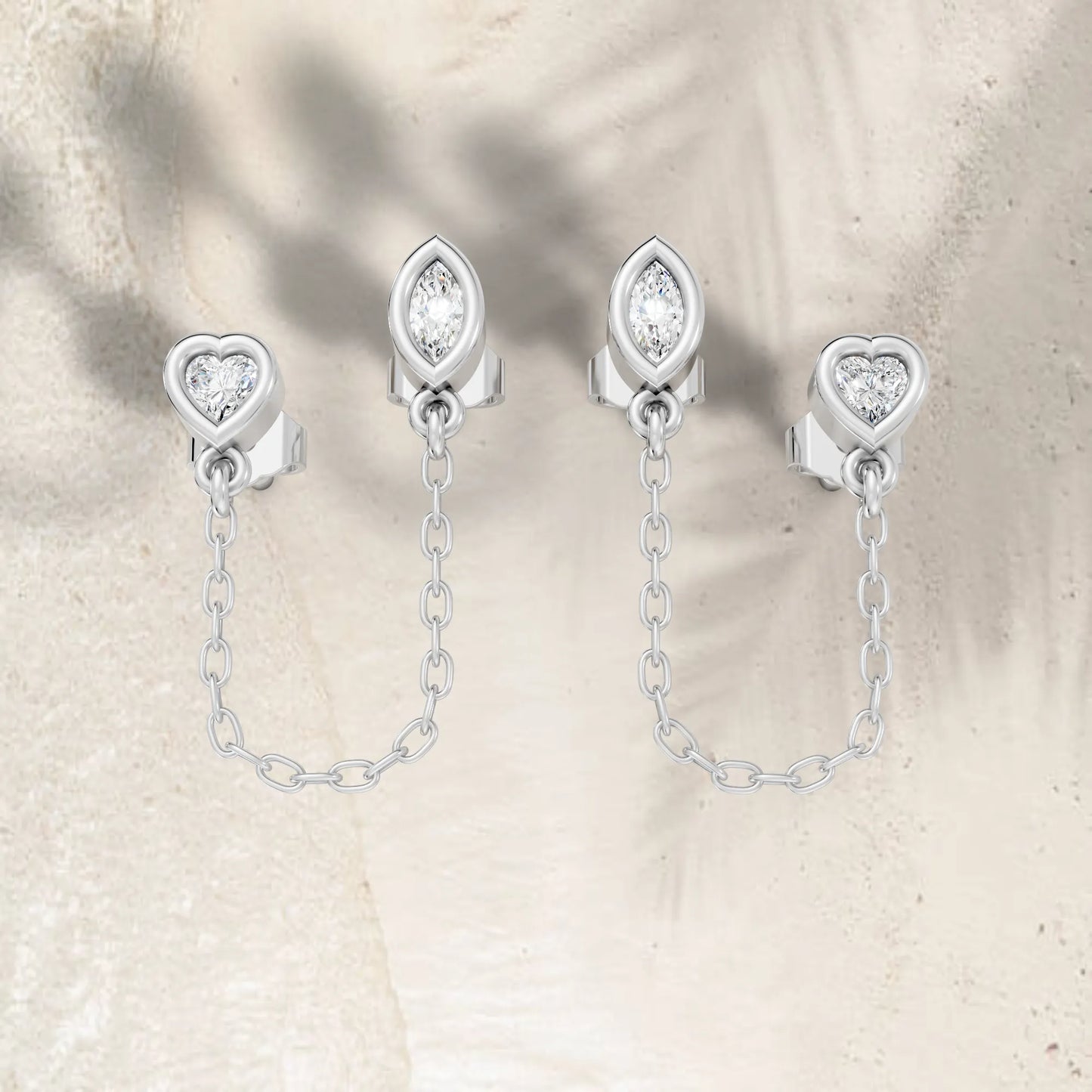 14K Gold Heart & Marquise Cut Diamond Chain Stud Earring