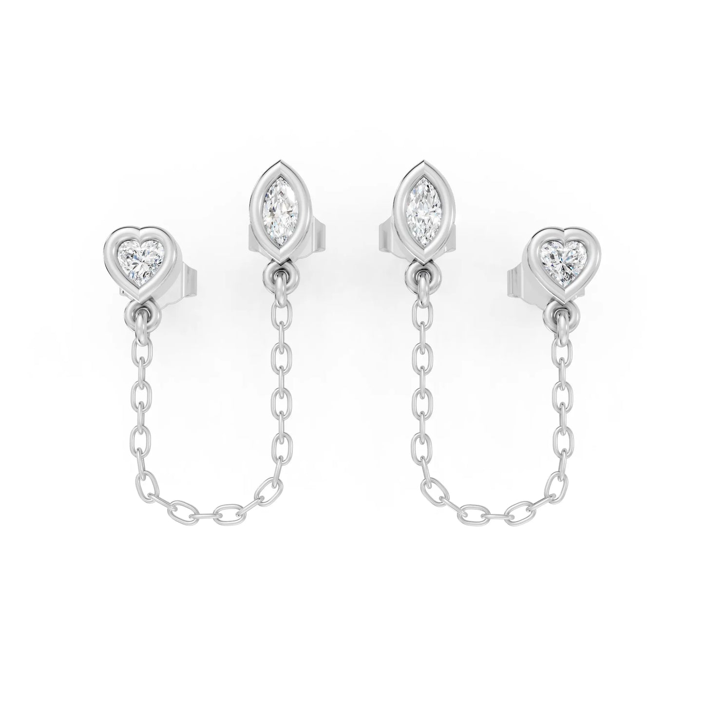 14K Gold Heart & Marquise Cut Diamond Chain Stud Earring