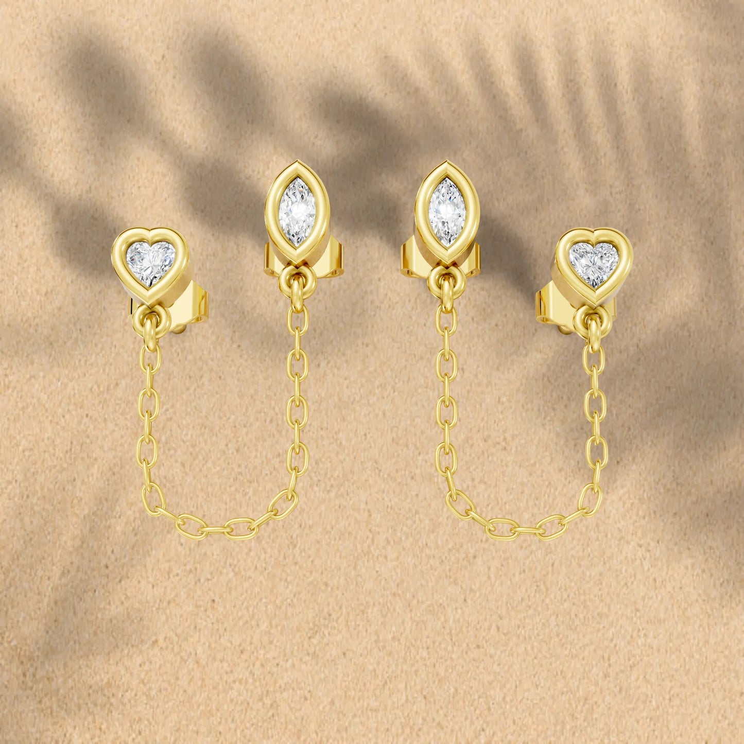 14K Gold Heart & Marquise Cut Diamond Chain Stud Earring