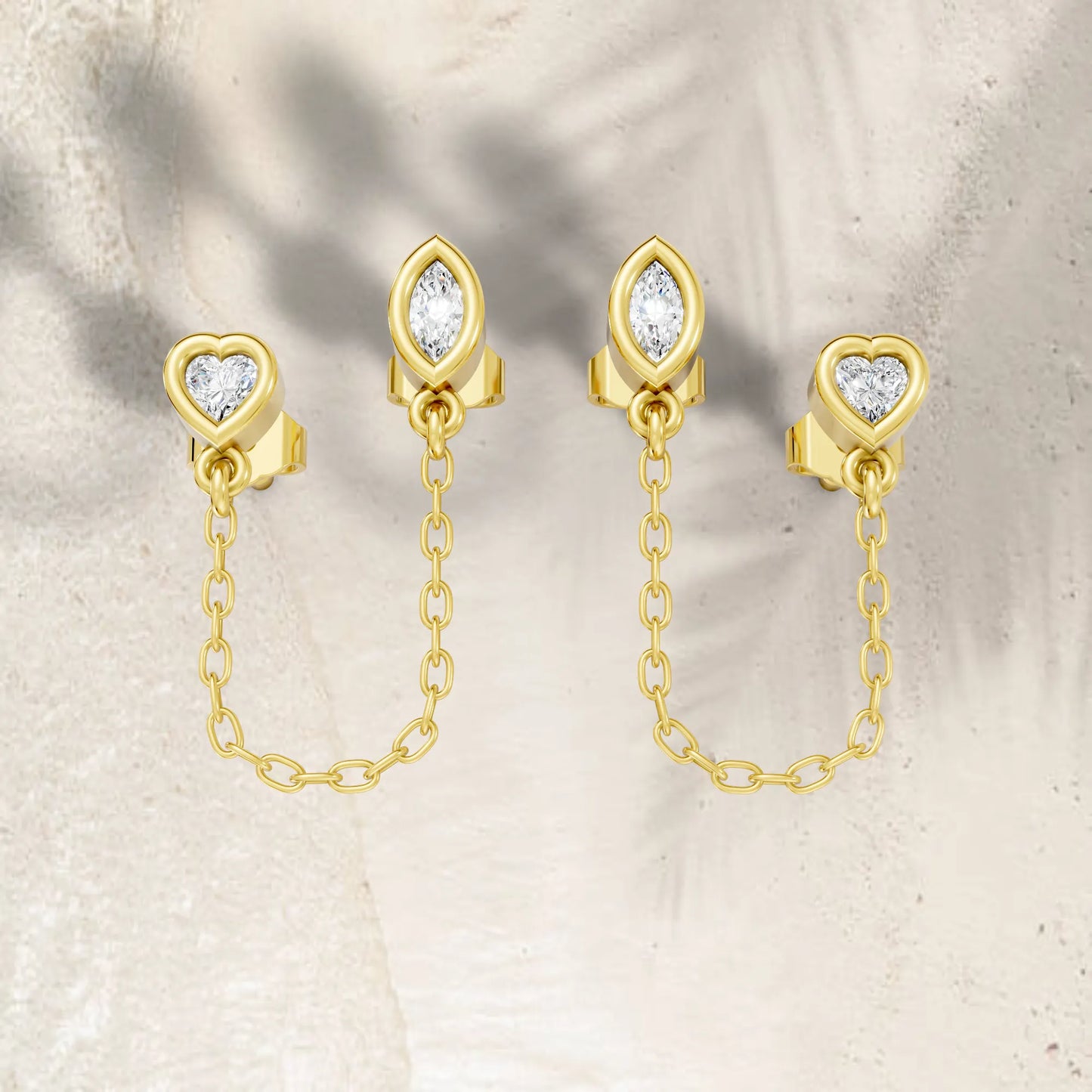 14K Gold Heart & Marquise Cut Diamond Chain Stud Earring