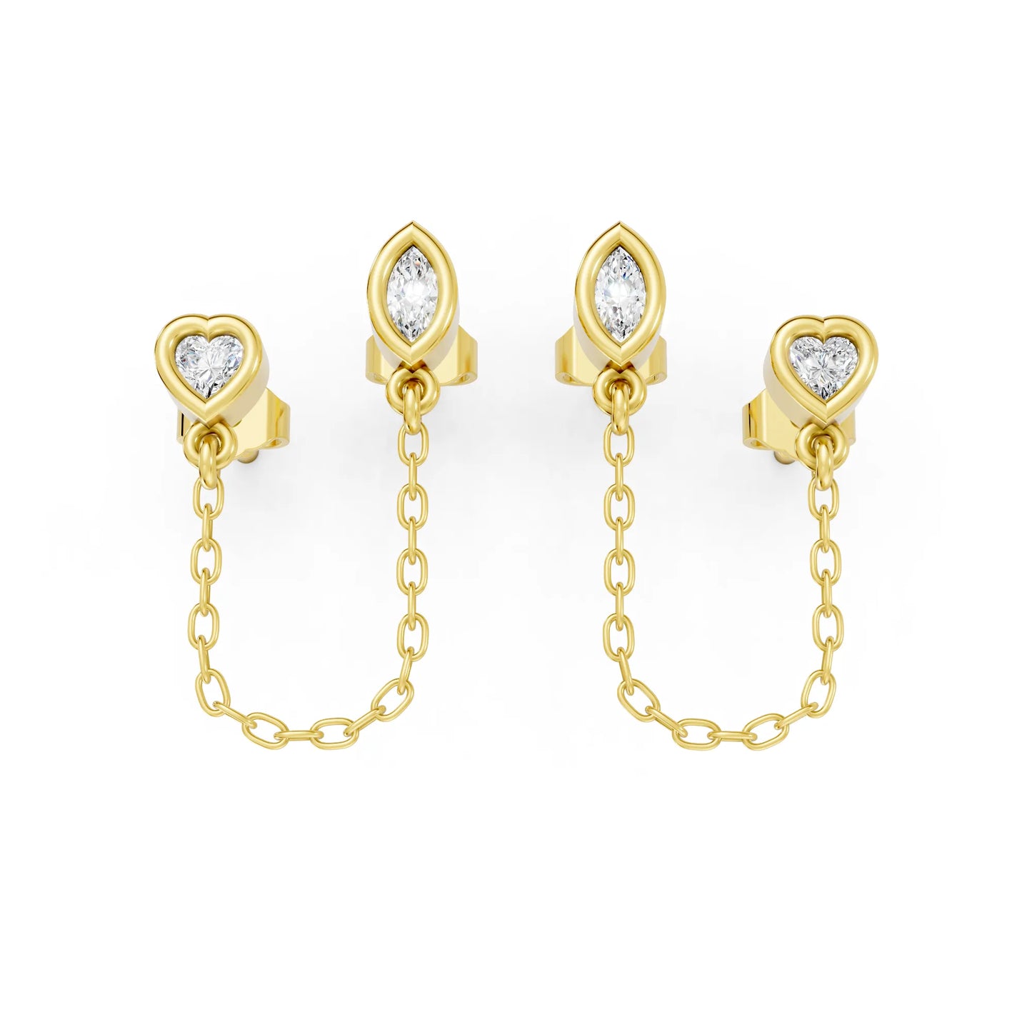 14K Gold Heart & Marquise Cut Diamond Chain Stud Earring