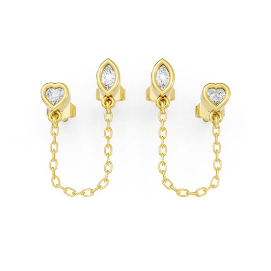 14K Gold Heart & Marquise Cut Diamond Chain Stud Earring