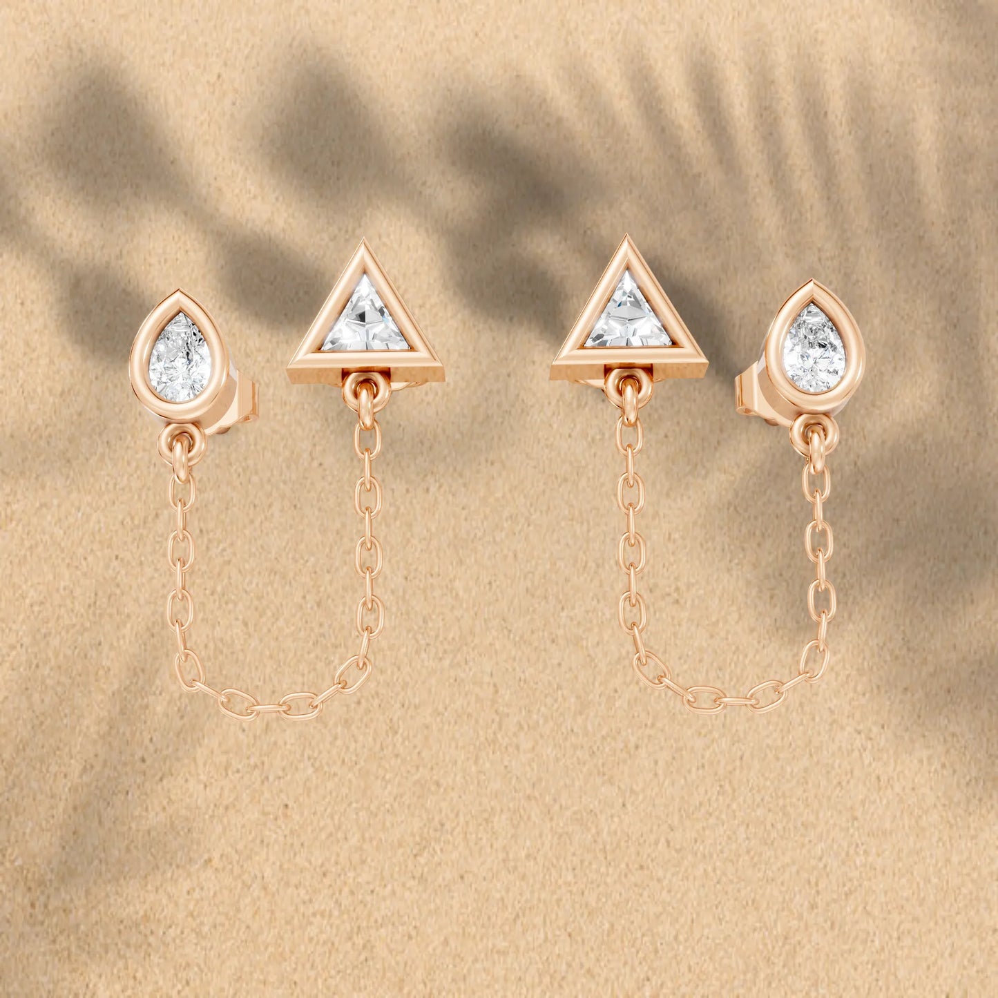 14K Gold Pear & Triangle Cut Diamond Chain Stud Earring