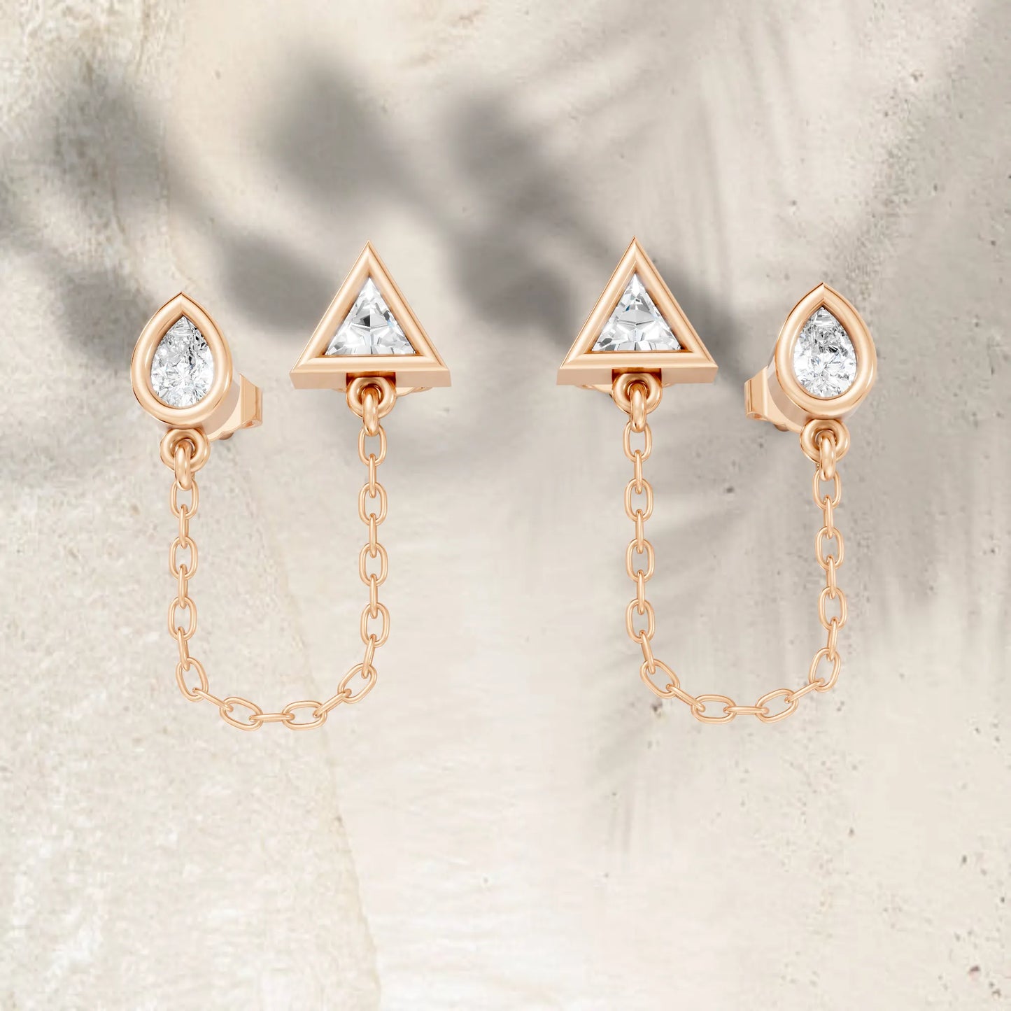 14K Gold Pear & Triangle Cut Diamond Chain Stud Earring