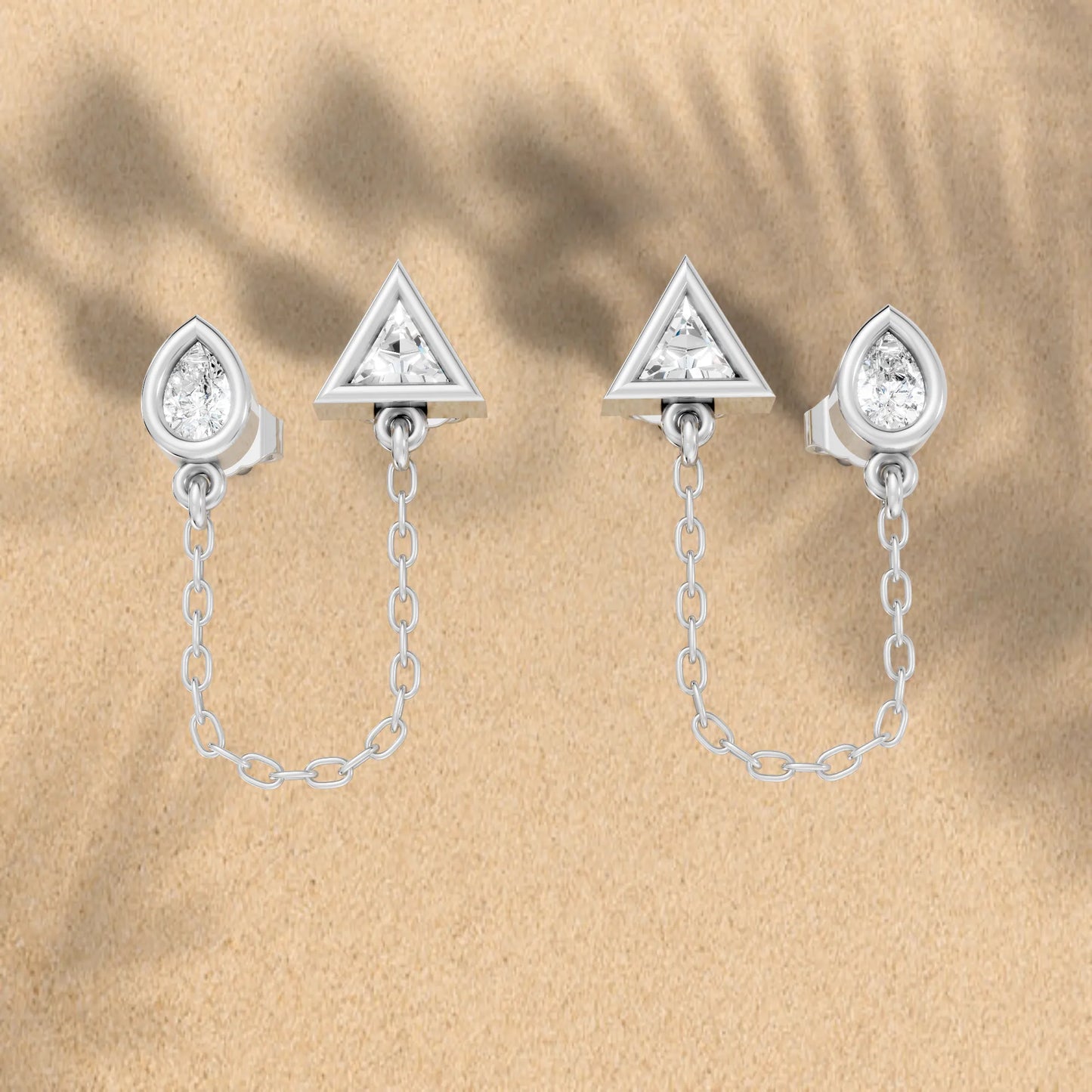 14K Gold Pear & Triangle Cut Diamond Chain Stud Earring