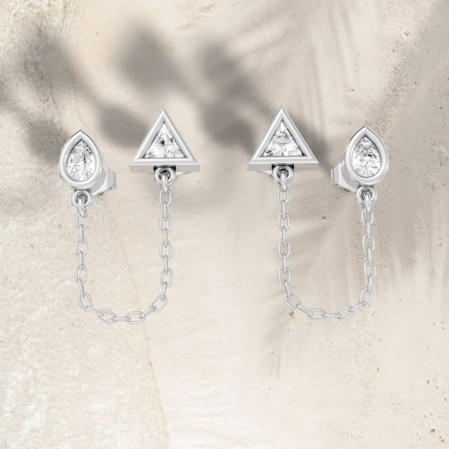 14K Gold Pear & Triangle Cut Diamond Chain Stud Earring