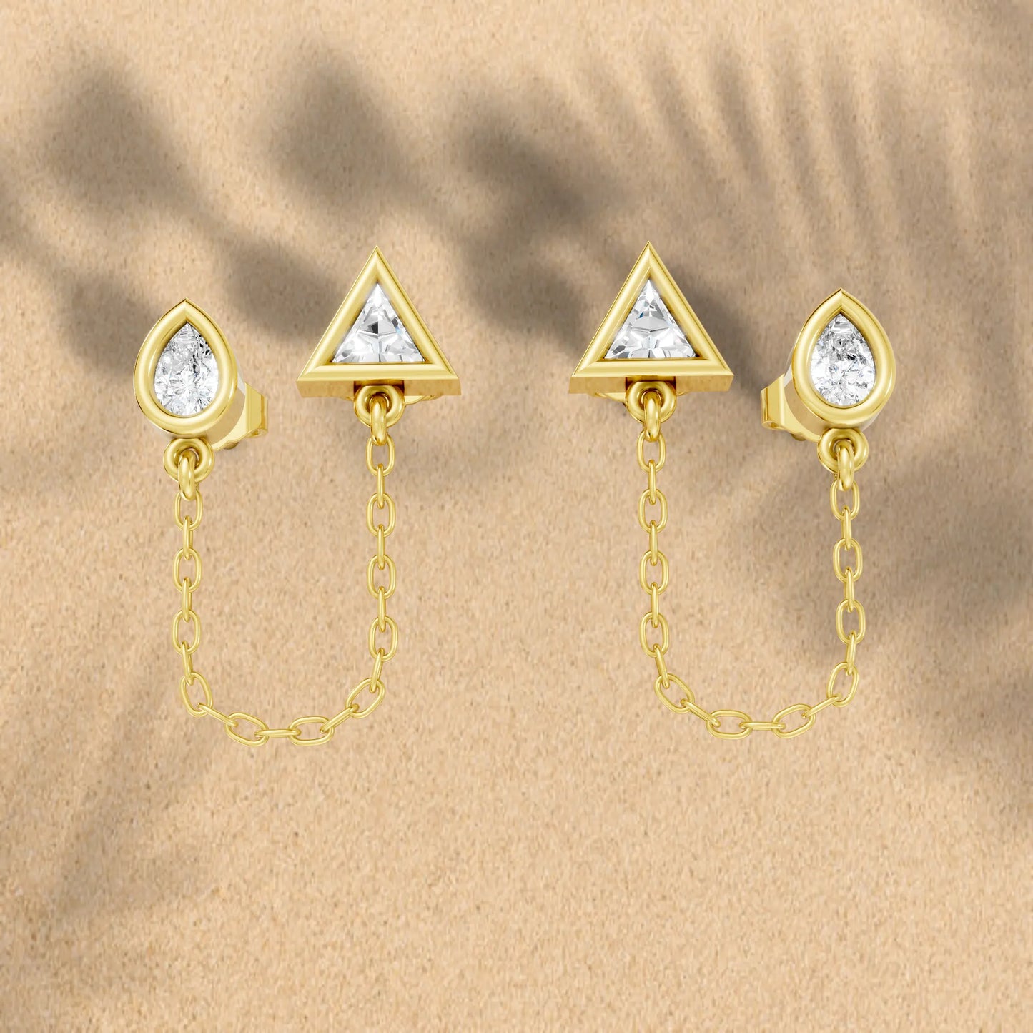 14K Gold Pear & Triangle Cut Diamond Chain Stud Earring