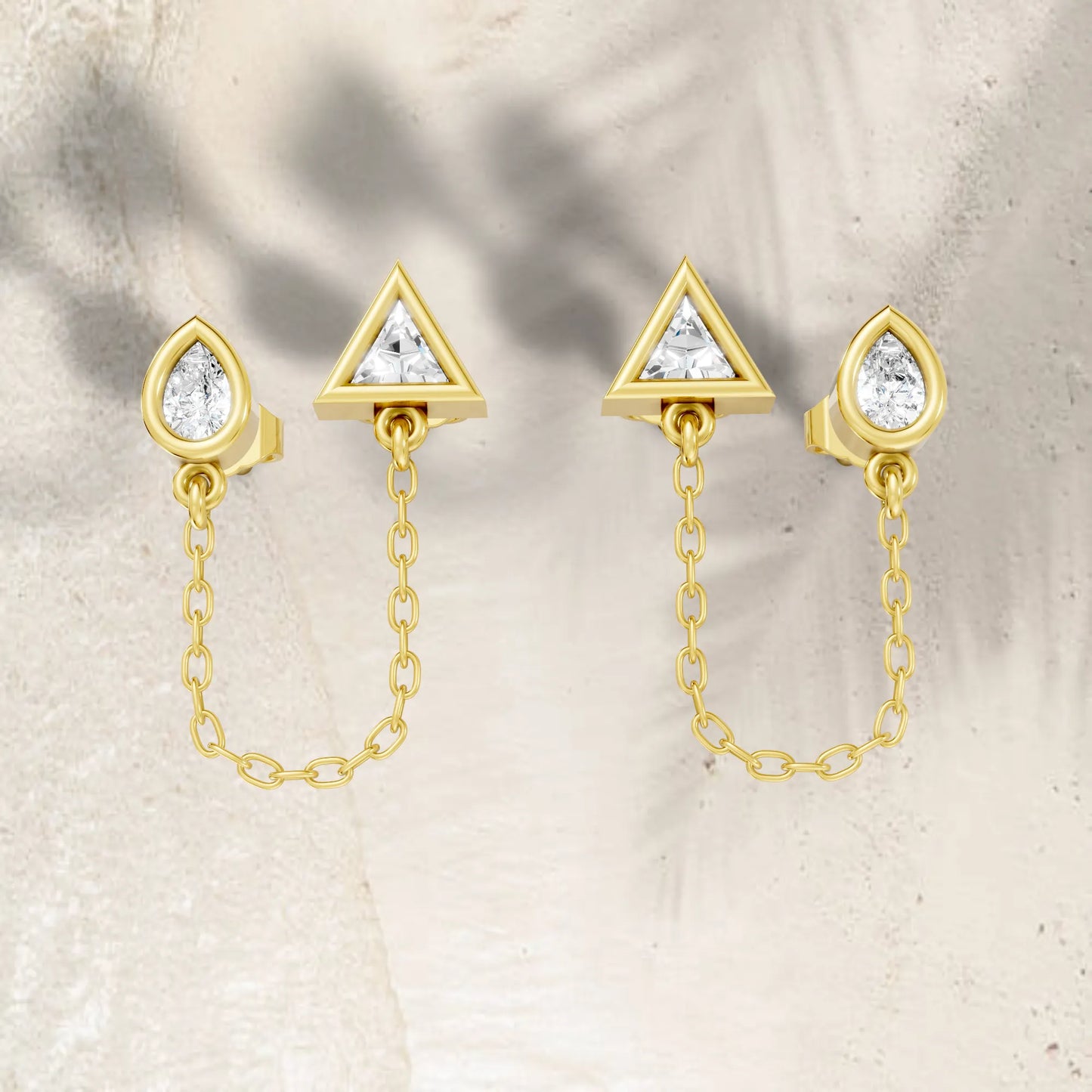 14K Gold Pear & Triangle Cut Diamond Chain Stud Earring