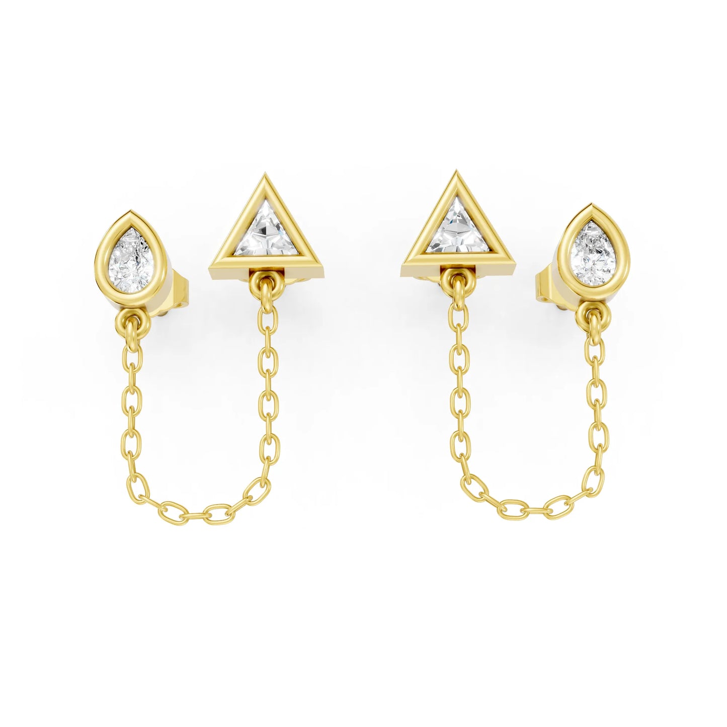 14K Gold Pear & Triangle Cut Diamond Chain Stud Earring