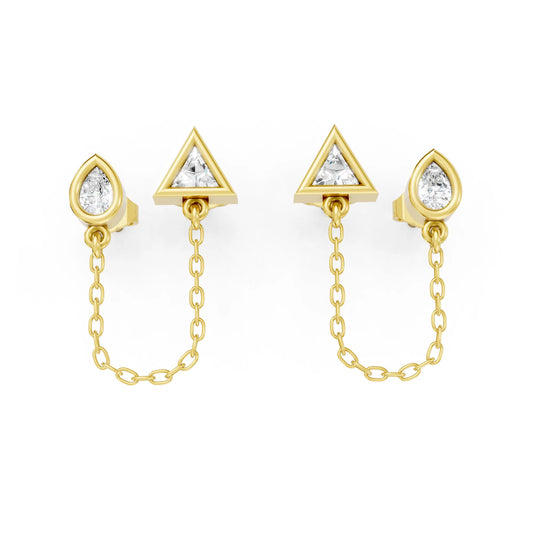 14K Gold Pear & Triangle Cut Diamond Chain Stud Earring