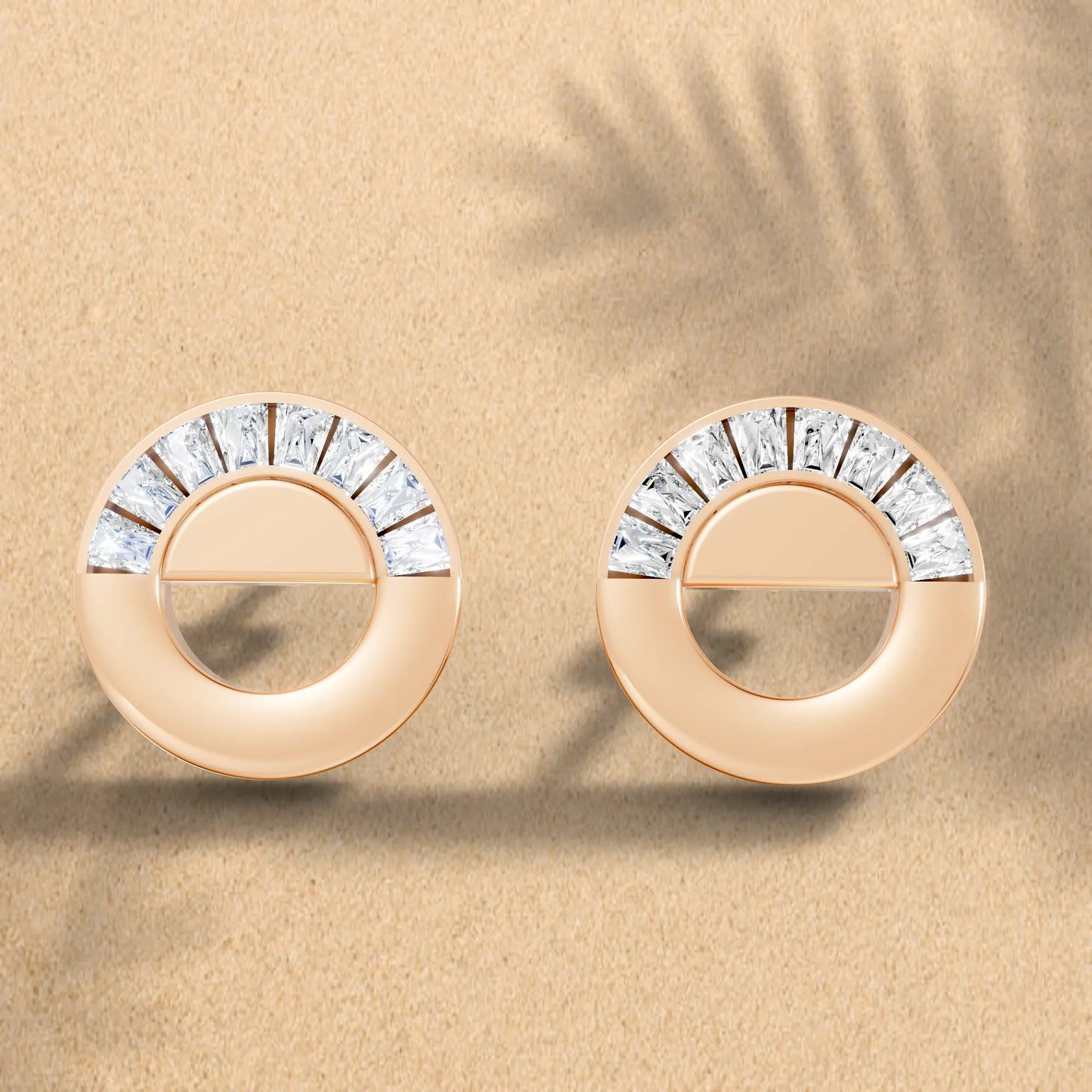 14K Gold Bagutte Cut Diamond Full Moon Halo Stud Earring