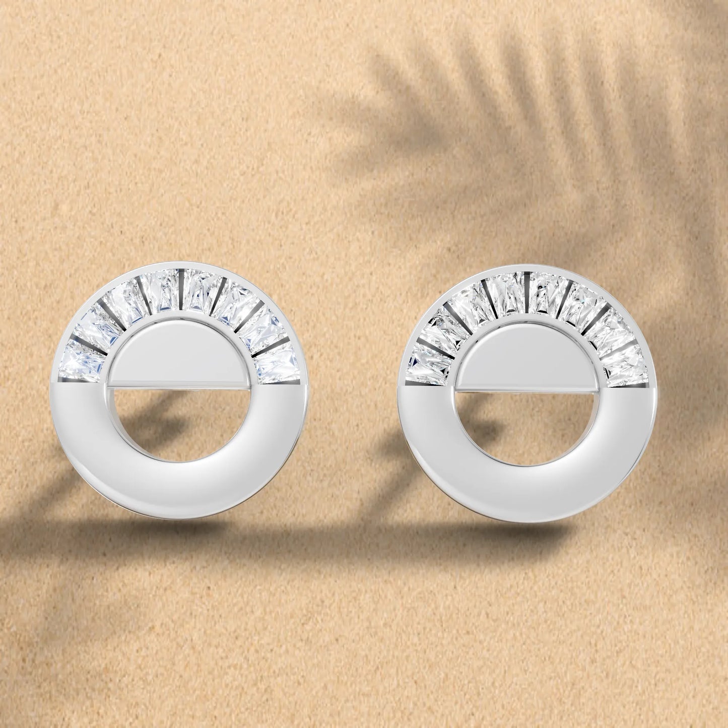 14K Gold Bagutte Cut Diamond Full Moon Halo Stud Earring