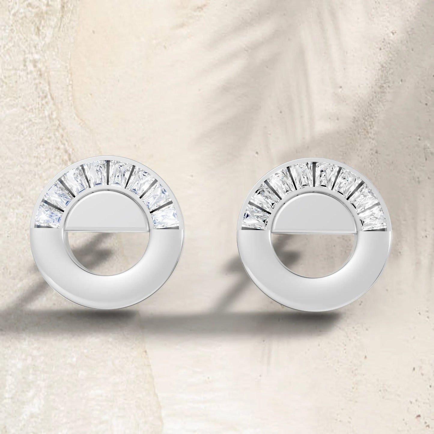 14K Gold Bagutte Cut Diamond Full Moon Halo Stud Earring