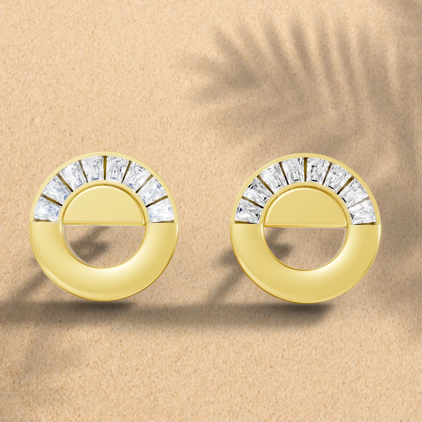 14K Gold Bagutte Cut Diamond Full Moon Halo Stud Earring