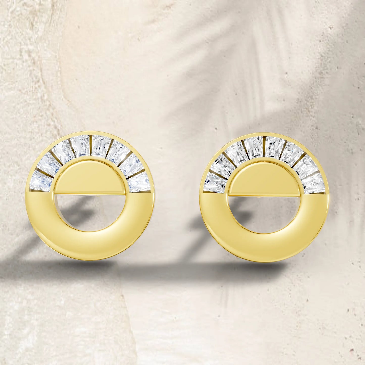 14K Gold Bagutte Cut Diamond Full Moon Halo Stud Earring