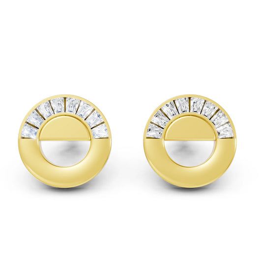 14K Gold Bagutte Cut Diamond Full Moon Halo Stud Earring
